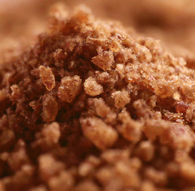 Detailed close-up of brown sugar granules showing their coarse and crystalline texture, capturing the intricate details of this common kitchen ingredient. Ideal for food and cooking articles, recipe blogs, advertisements for sweeteners or organic products, and culinary education materials.
