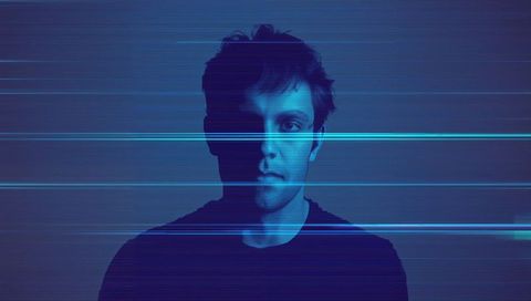 Cyberpunk portrait man standing facing camera black shirt cyan glitch scanlines