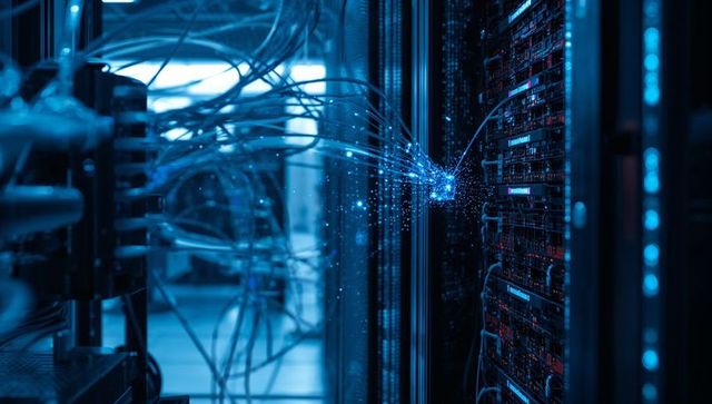 Futuristic fiber optic cables illuminating data center paradigm