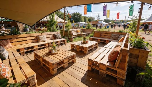 Upcycled wooden pallet lounge at outdoor festival with modular seating, cushions, canopy