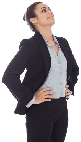 Confident Hispanic Businesswoman Looking Up on Transparent Background
