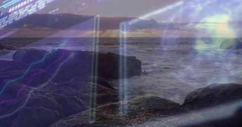 Futuristic Digital Overlay on Rocky Coastal Seascape at Sunset