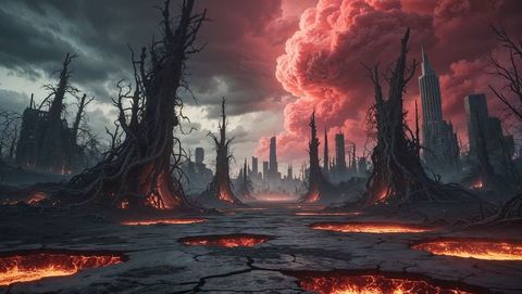 Apocalyptic wasteland with lava fissures and ruined skyline