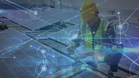 Engineer Working on Solar Panels Concept Art With Digital Network