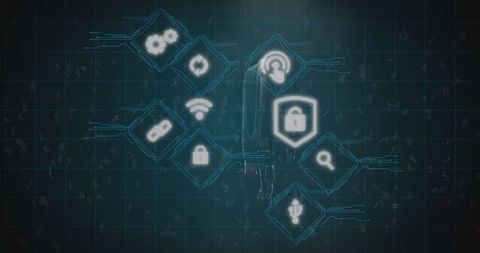 Digital Technology Icons on Blue Background Symbolize Cybersecurity Concepts