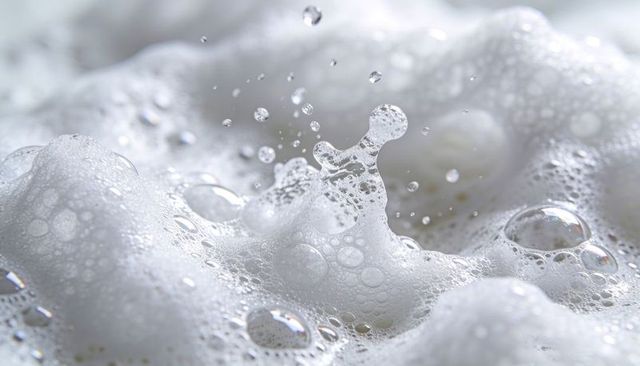 Macro soap foam forming peaks with iridescent bubbles catching light for texture backgrounds