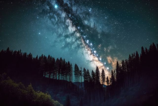 Captivating Milky Way shines brightly over a tranquil mountain forest. Ideal for nature and astrophotography enthusiasts, perfect for use in travel blogs, astronomy articles, and desktop wallpapers to evoke wonder and serenity.