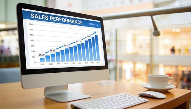 All-in-one monitor showing sales performance chart on office desk with keyboard and coffee