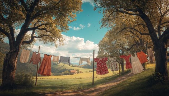 Hanging clothesline over sunlit meadow with fluttering dresses and rolling hills