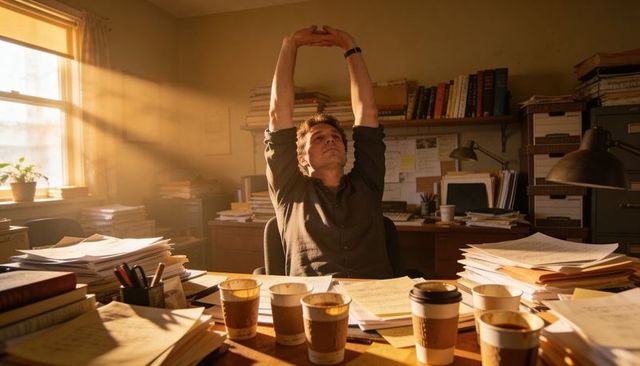 Overworked office worker stretching at cluttered desk with coffee cups and paperwork