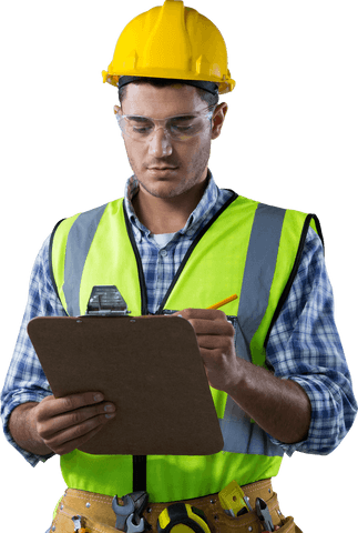 caucasian male construction worker writing clipboard on transparent background - Download Free Stock Videos Pikwizard.com
