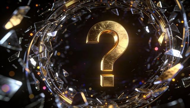 Golden question mark floating inside shattered glass rings with glowing bokeh reflections