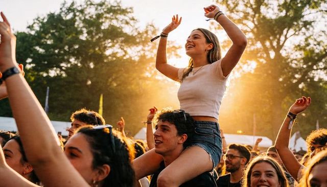 Young woman cheering on friend's shoulders raising arms smiling at summer music festival