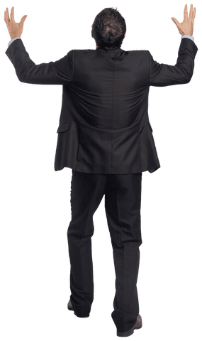 Joyful Businessman Raising Productivity Hands on Transparent Background