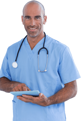 Transparent smiling doctor using tablet in medical environment