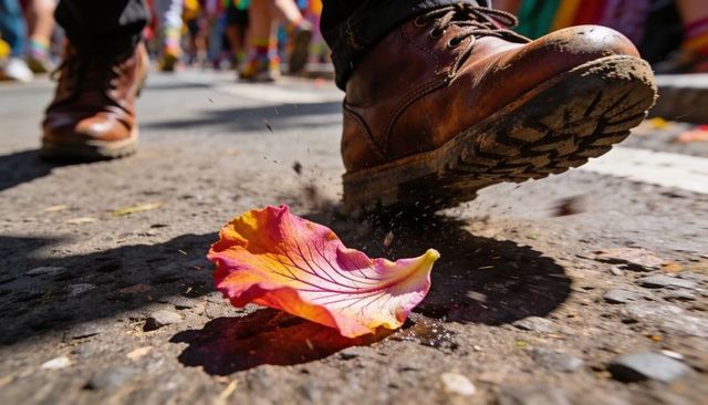 Boot stomping on vibrant flower petal on urban pavement, muddy leather boot motion