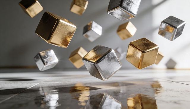 Floating Gold and Silver Cubes Over Reflective Tiled Floor, Metallic Minimalist Abstract