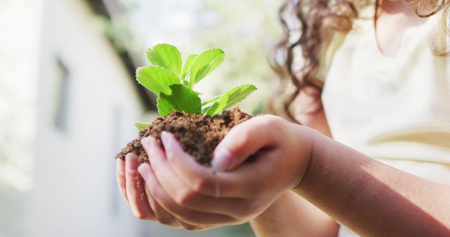 Child holding small green seedling with soil in hands. Ideal for illustrating concepts of growth, environmental awareness, nature, gardening, and childhood experiences. Suitable for environment-related content, educational materials, or promoting gardening and sustainable practices.