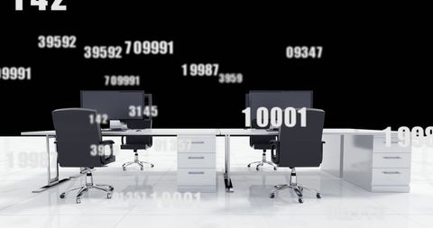 Abstract office workspace with floating numbers