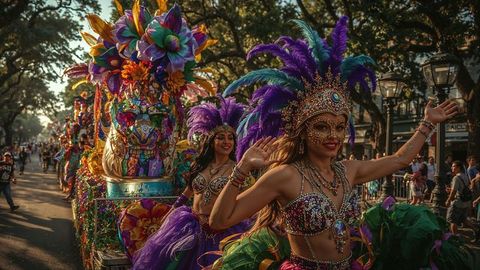 Festive parade dancers in colorful costumes and feather headdresses