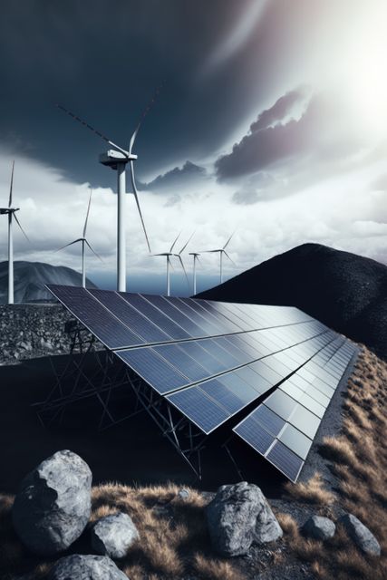 Renewable energy scene featuring solar panels and wind turbines in a mountainous landscape with a stormy sky. Suitable for use in articles, presentations, and media focusing on clean energy, climate change, green technology, and sustainable living.