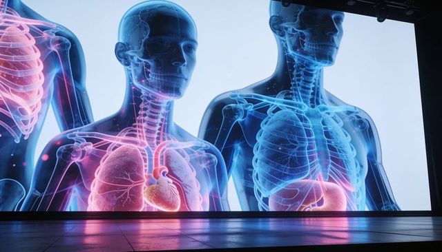 Displaying neon holographic human anatomy on led stage screen for medical presentation