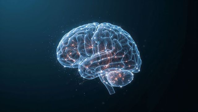 Translucent 3D brain with glowing neural network and active synapses visualization