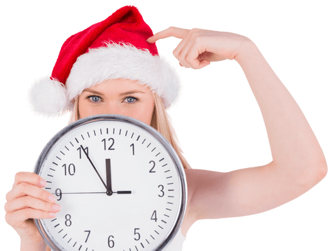 woman wearing santa hat holding clock on transparent background - Download Free Stock Videos Pikwizard.com