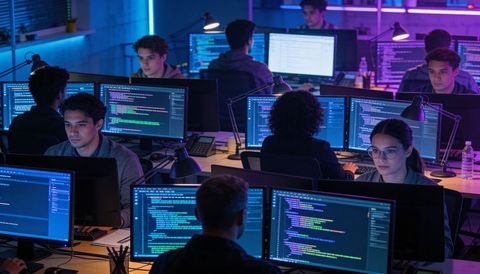 Nighttime development team coding in open-plan office with neon lighting and focus