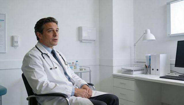 Doctor consulting patient in modern clinic with stethoscope, computer and medical trolley