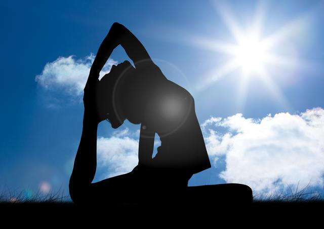 Silhouette of woman practicing kurmasana pose outdoors with bright sun and blue sky in background. Ideal for promoting yoga classes, wellness retreats, fitness programs, and meditation practices. Perfect for illustrating concepts of health, flexibility, and peacefulness in nature.