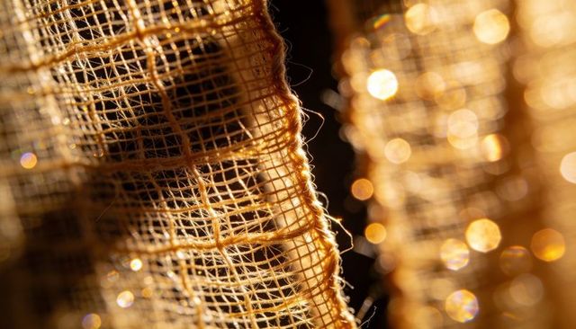Glowing burlap weave showing frayed edge and warm golden bokeh, macro textile texture