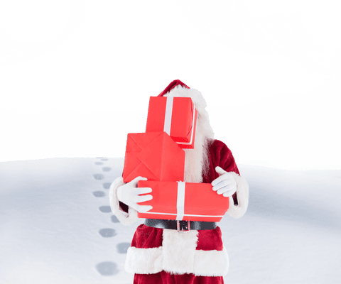 Transparent Santa Claus Carrying Red Christmas Gifts with Snow