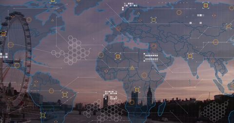 world map with data graphics over london skyline - Download Free Stock Images Pikwizard.com