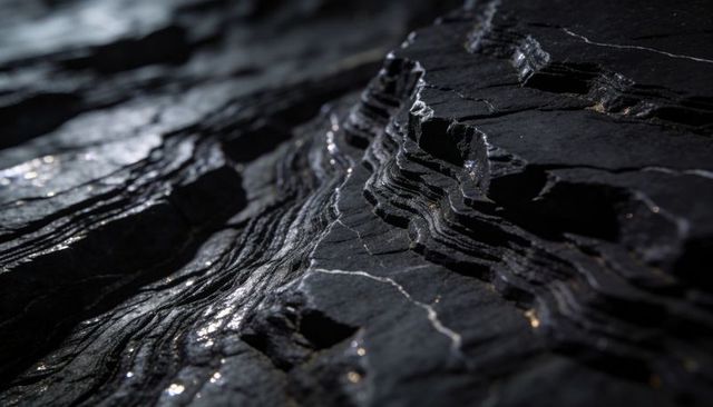 Dark layered shale revealing thin mineral veins and wet highlights geological texture
