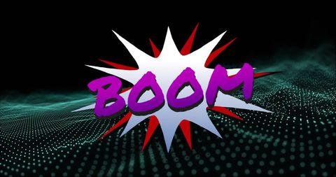Bold boom text exploding over digital wave background