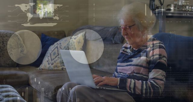 Senior Woman Using Laptop for Online Activities Against Futuristic Background - Download Free Stock Images Pikwizard.com