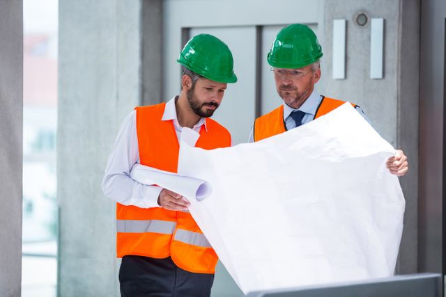 Architects reviewing blueprint in construction site. Both wearing green safety helmets and orange safety vests. Ideal for use in articles about construction, project management, teamwork, and engineering. Perfect for illustrating concepts related to building design, safety protocols, and professional collaboration.