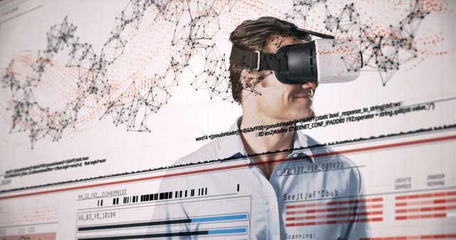 Man interacting with virtual reality headset surrounded by data visualization and DNA strand graphics in background. Ideal for illustrating technological advancements, scientific research, genetic study, and innovation themes.