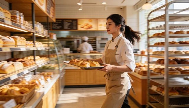 Baker wearing apron carrying tray of croissants across sunlit bakery interior