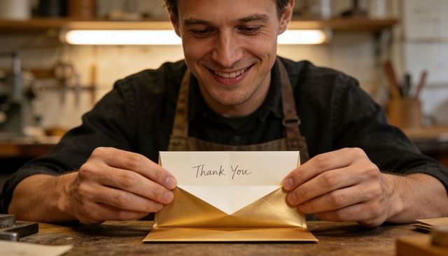 Smiling craftsman opening thank you card from gold envelope on workshop workbench
