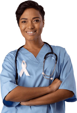 smiling nurse in blue scrubs with pink ribbon and stethoscope transparent background - Download Free Stock Videos Pikwizard.com
