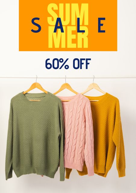 This vibrant image of sweaters hanging on hangers promotes a colorful summer sale with up to 60% off. Perfect for fashion retailers, advertisement materials, marketing campaigns, online shops, and social media promotions to attract customers looking for discounted summer fashion.