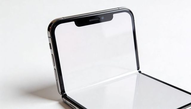 Foldable smartphone standing at right angle showing hinge, notch and metal frame detail