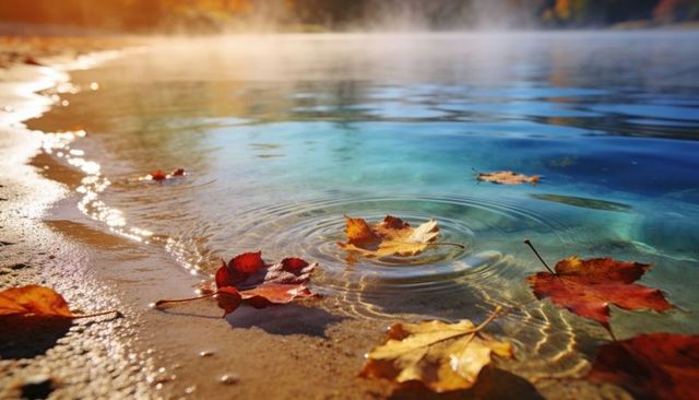 Autumn floating maple leaves on sunlit turquoise lakeshore with misty ripples