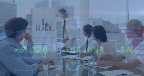 Business Team Analyzing Financial Data with Digital Screen Overlay