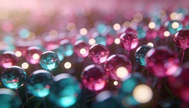 Glowing glass spheres reflecting light with bokeh sparkle, dreamy macro beads composition