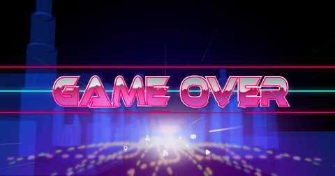 Retro Neon Game Over in Digital Cityscape