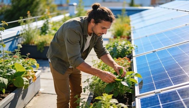 Urban gardener tending rooftop planters beside solar panels sustainable living green energy