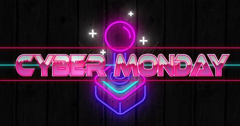 Cyber Monday Neon Gamepad Design on Dark Wooden Background